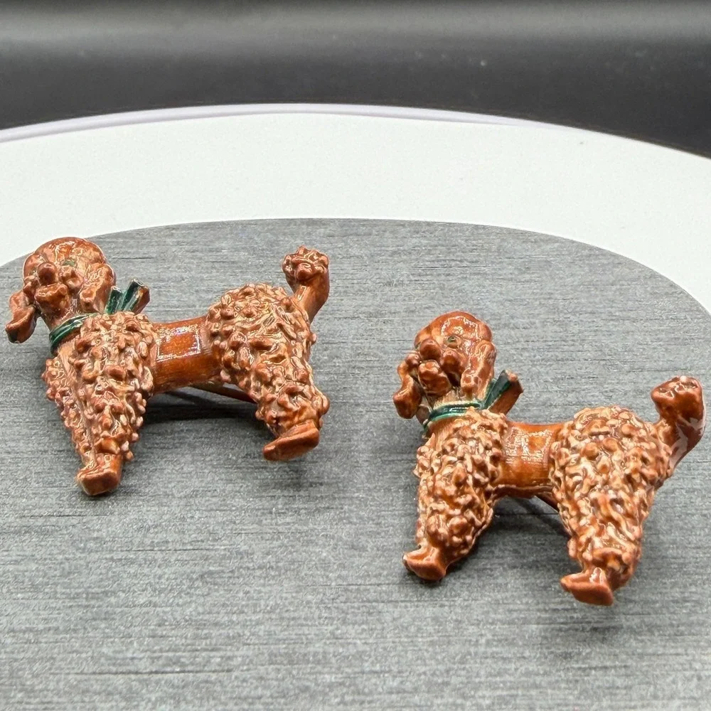 Vintage Pair Enamel Poodle Dog Brooch Pins Brown Green Figural Costume Jewelry